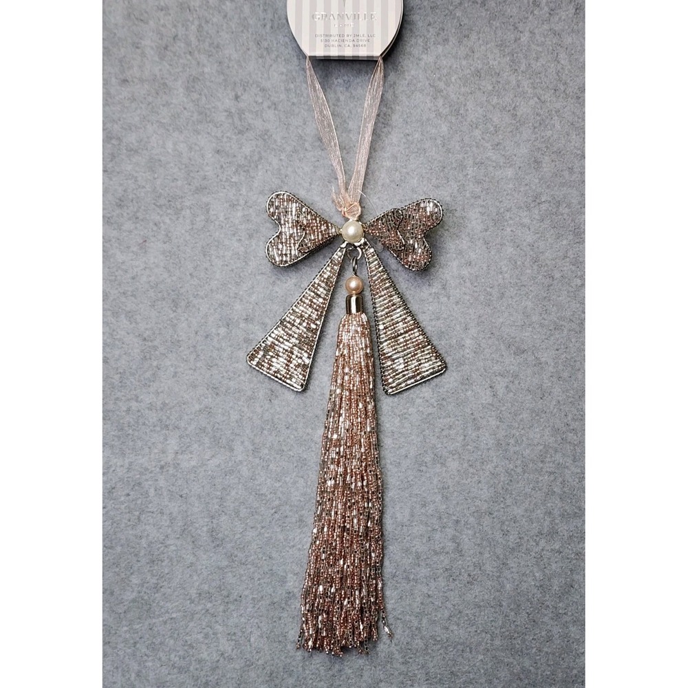 Pink Beaded Bow Christmas Tree Ornament Tassel‎ Shabby Chic 9.5" NEW
